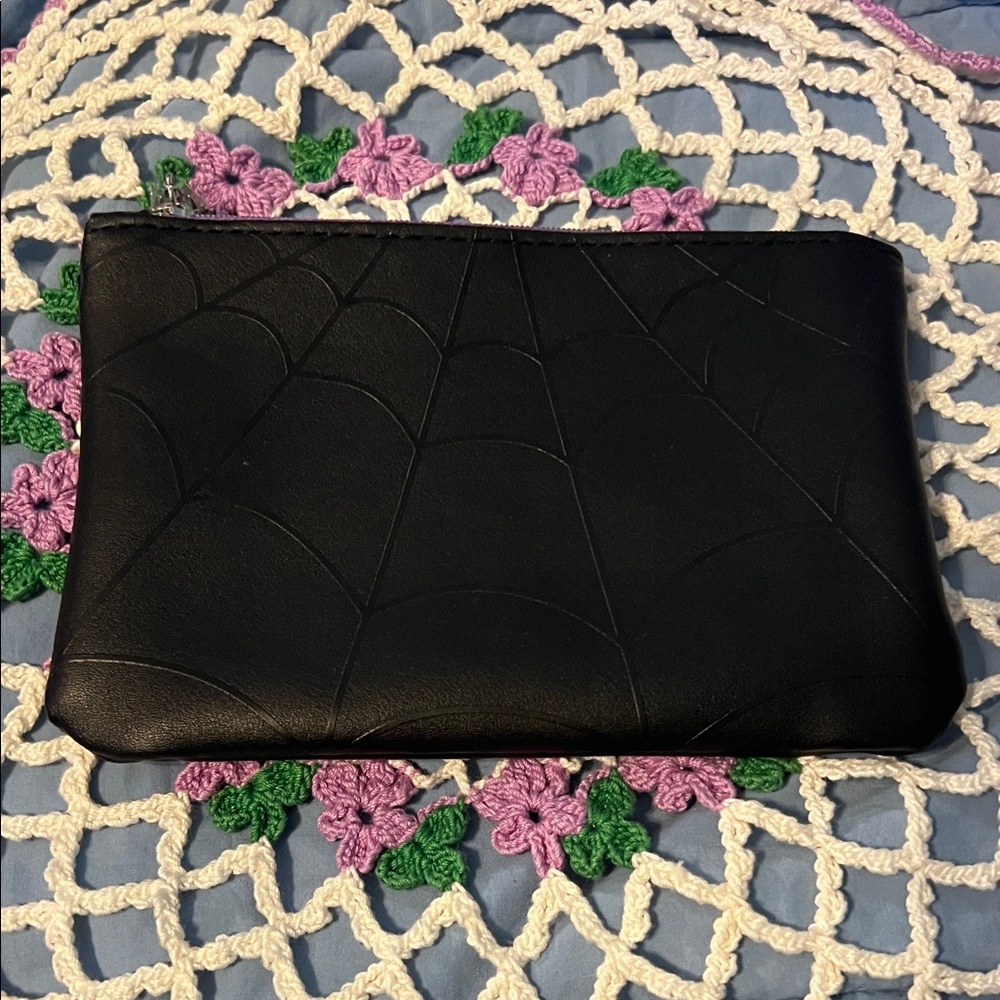 Ipsy Black Spiderweb Clutch/Zipper Pouch with Silver Logo